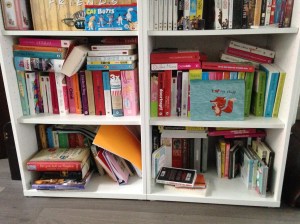 Mijn deeltje van onze boekenkast. Linksboven: nog niet gelezen. Rechtsboven: Gelezen chicklits. Linksonder: Kookboeken. Rechtsonder: Serieuze boeken en non-fictie.